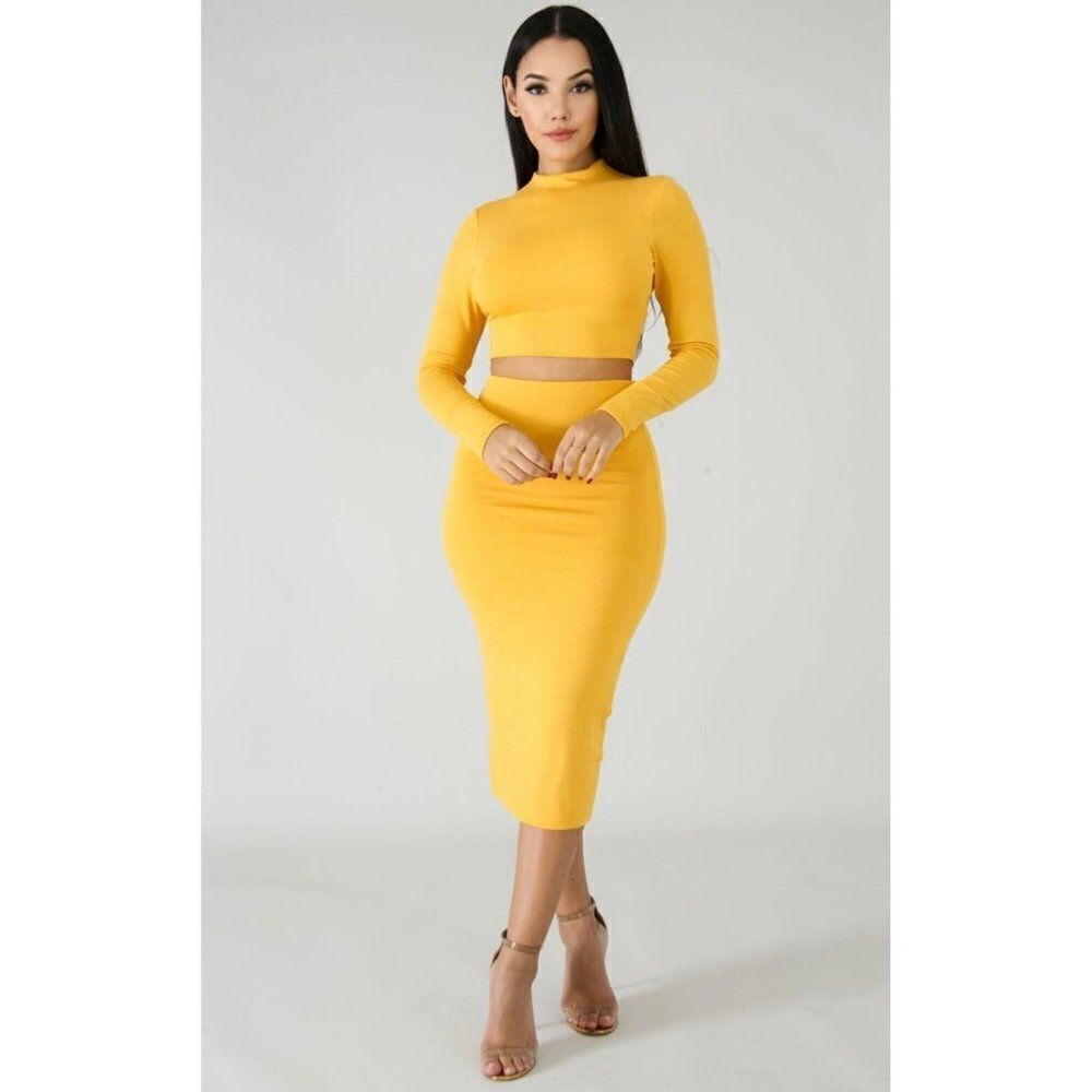 Fashion Love Yellow Long Sleeve Crop Top Maxi Bodycon Skirt Set Size S